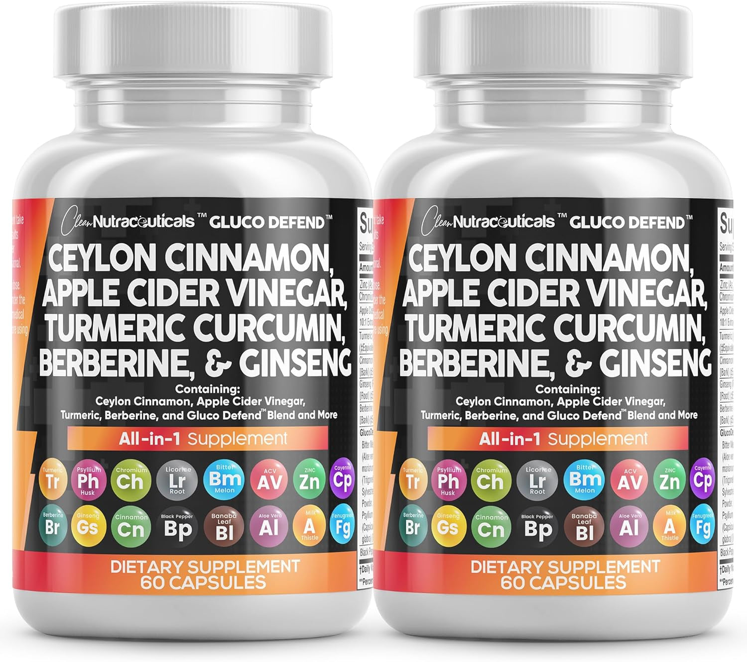 Ceylon Cinnamon Capsules + Berberine Turmeric Apple Cider Vinegar Ginseng Bitter Melon Gymnema Milk Thistle Fenugreek Supplement (60 Count (Pack of 2))