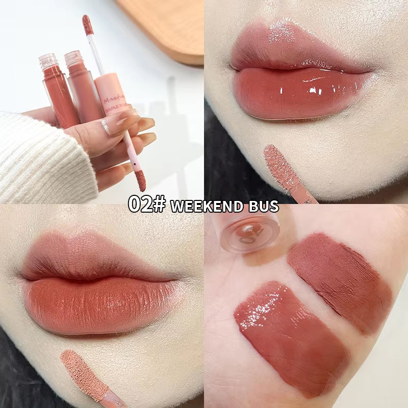 Double-Ended Lip Glaze: Full Gloss and Matte Velvet Finish for Long-Lasting Color and Hydration, Anti-Stain Cosmetic Lip Gloss