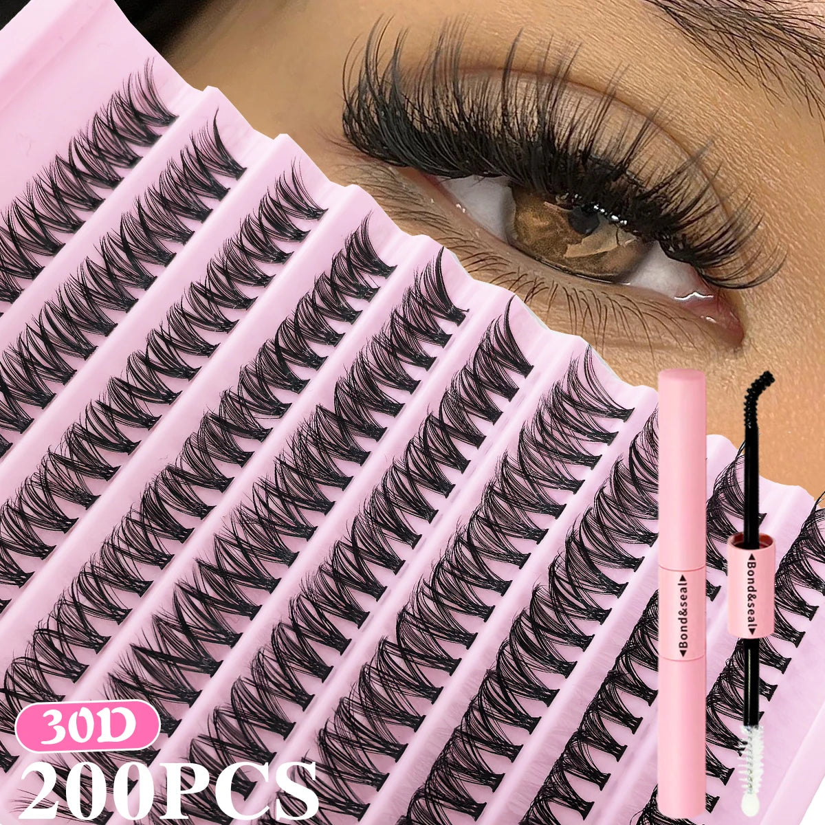 200 PCS Eyelash Cluster Extension Kit with Bond and Seal Makeup Tools for DIY Lash Application