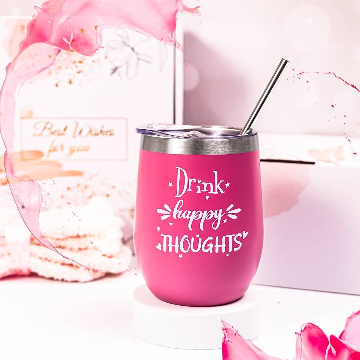Elegant Spa Gift Basket for Women - Ideal Birthday Present for Wife, Mother, Sister, Girlfriend, Daughter, or Best Friend - Includes Wine Tumbler and Spa Bath Set (Pink)