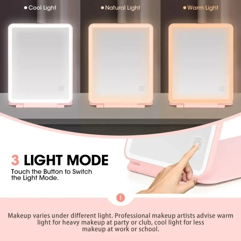 Portable LED Lighted Vanity Makeup Mirror with Touch Screen Dimming and Three Color Settings - Folding Cosmetic Travel Mirror and Large Table Mirror