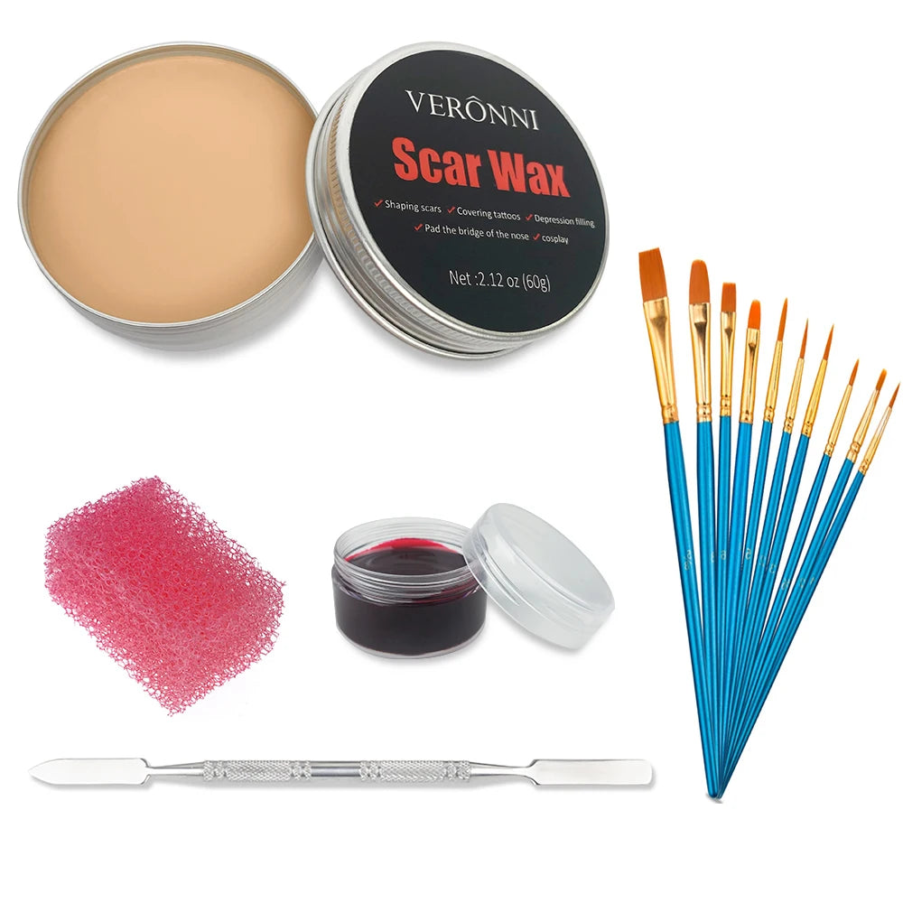 Professional SFX Makeup Kit - 12 Color Face and Body Paint, Oil-Based Special Effects for Halloween, Wound and Scar Wax, Fake Scab, Blood, and Spatula Included