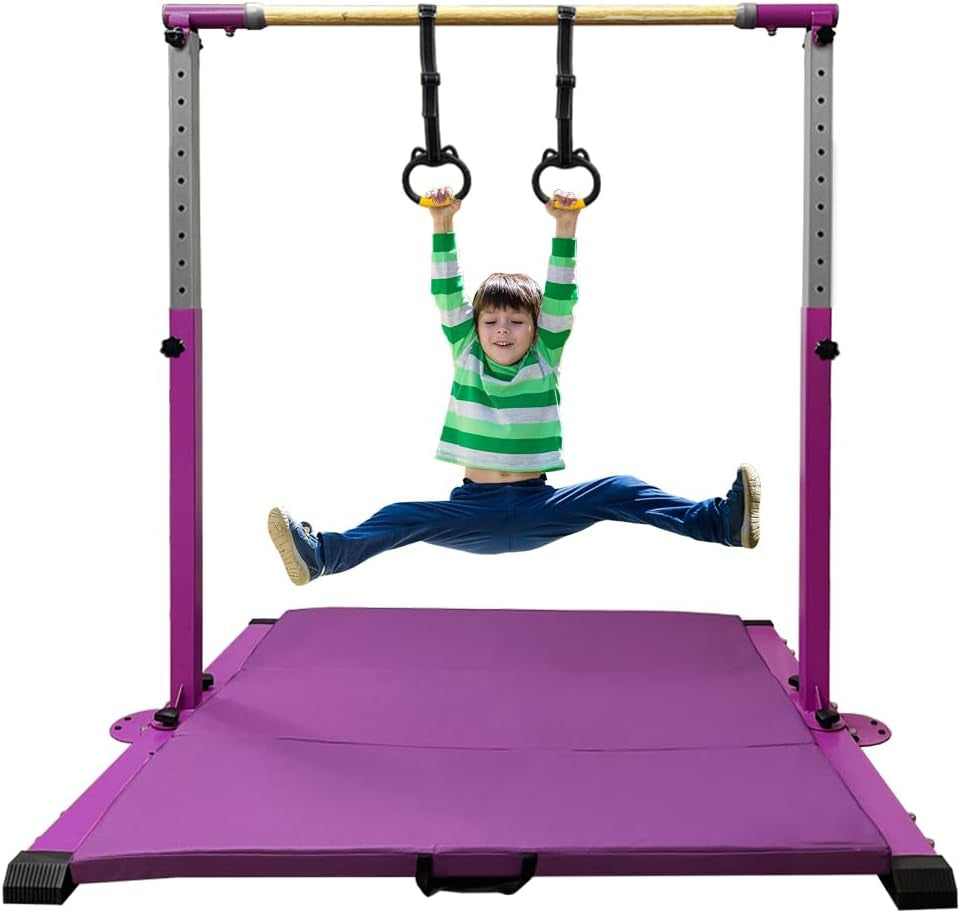 Adjustable Gymnastics Training Bar for Children Ages 3-15 with Ring - Sturdy Steel Design, Anti-Slip Features, Easy Assembly, Height Adjustable from 3' to 5