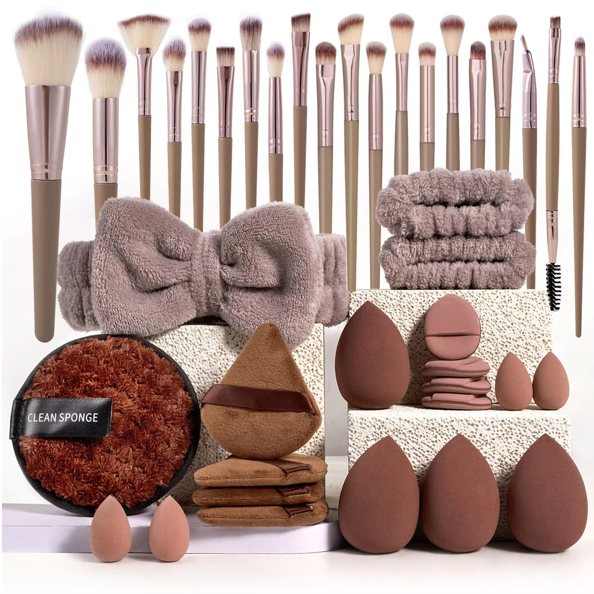 Professional Makeup Brush and Sponge Set with Brown Puff, Beauty Blender, Headband, and Wristband Remover Kit - Ideal Makeup Tools Gift, 20/40 Count