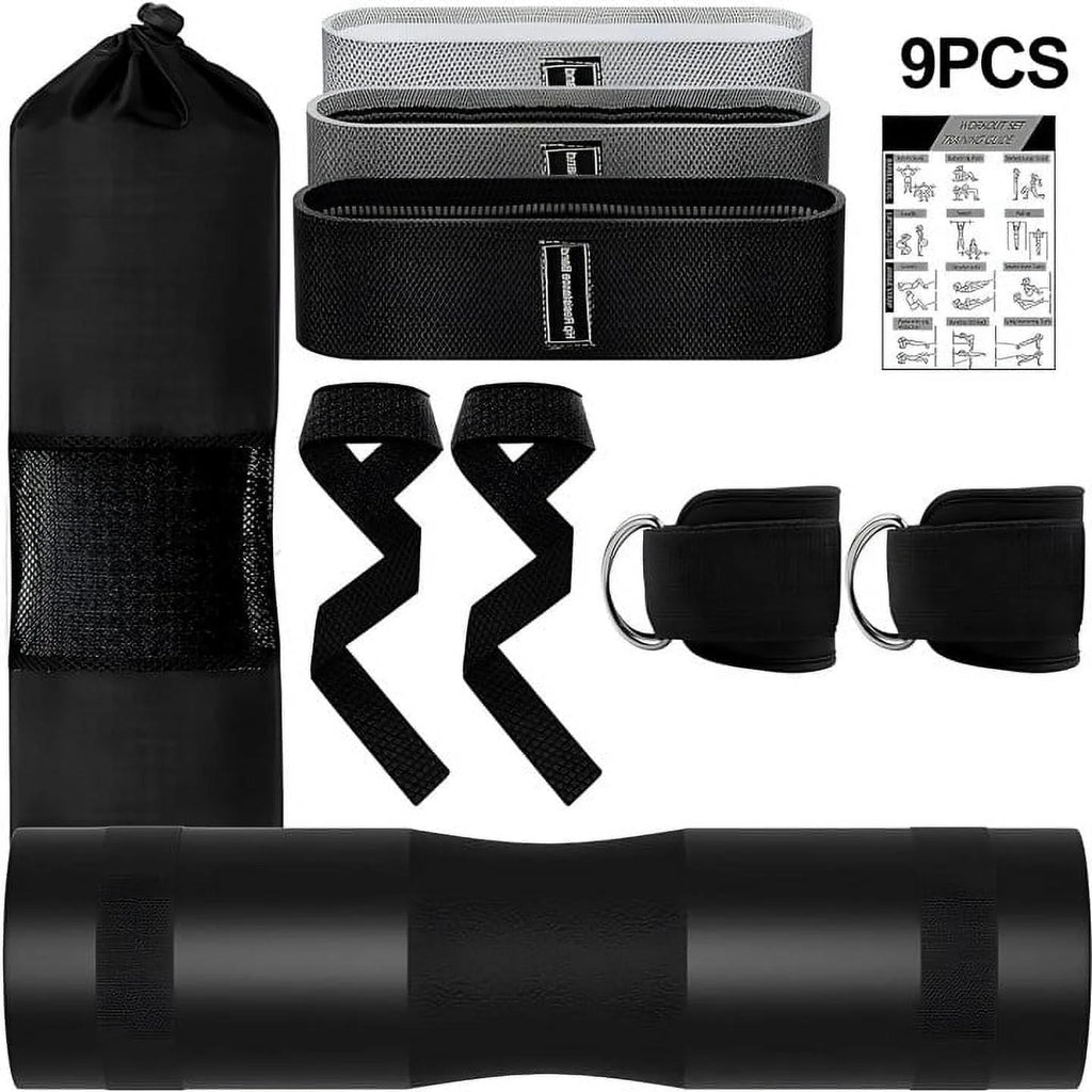 Barbell Pad Set - 9-Piece Complete Kit with Squat Pad, Ankle Straps, Hip Resistance Bands, Lifting Straps, and Carry Bag - Black