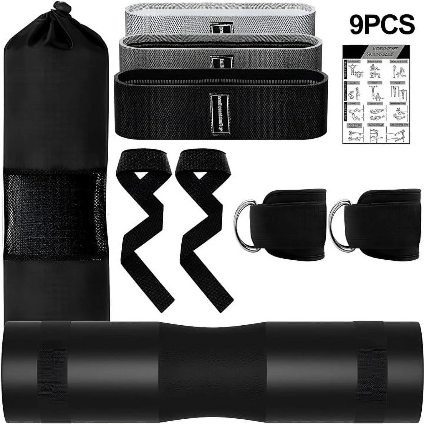 Barbell Pad Set - 9-Piece Complete Kit with Squat Pad, Ankle Straps, Hip Resistance Bands, Lifting Straps, and Carry Bag - Black