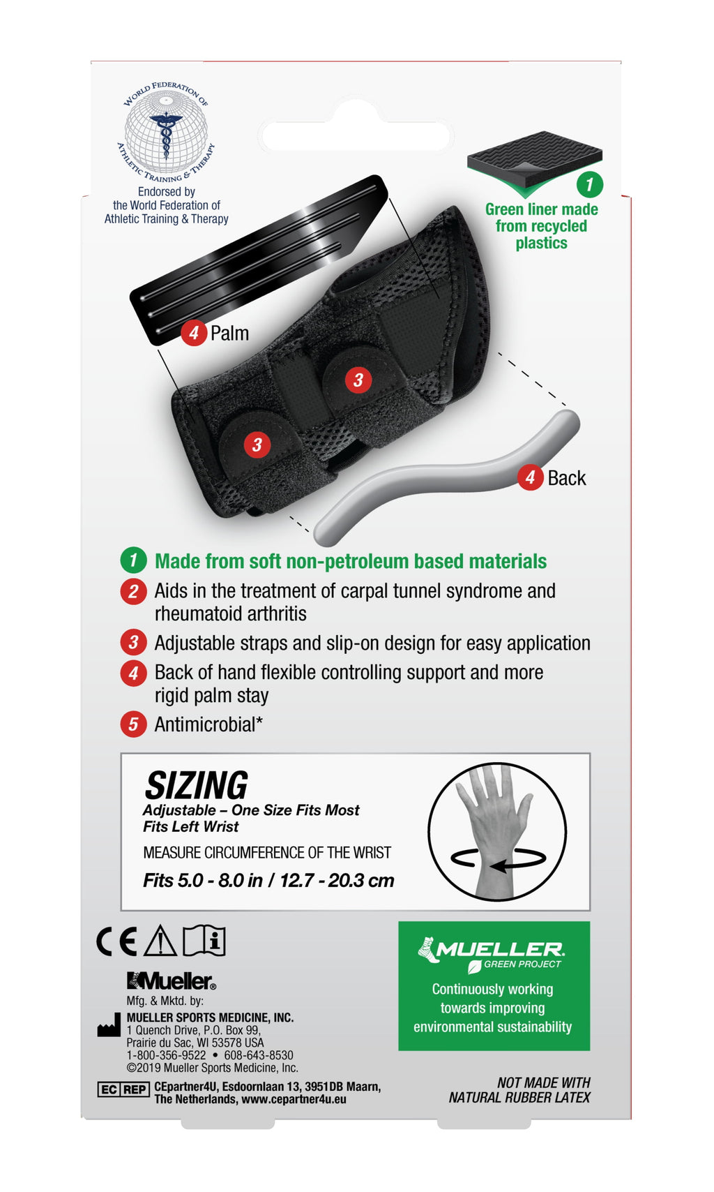 Green Fitted Wrist Brace, Left Hand, Unisex, One Size Fits Most, Black