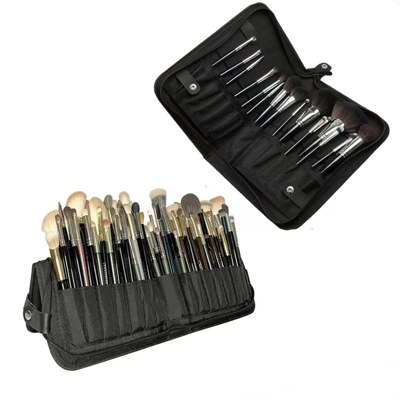 29-Hole Foldable Makeup Brush Organizer - Waterproof Nylon Cosmetic Storage Bag for Women