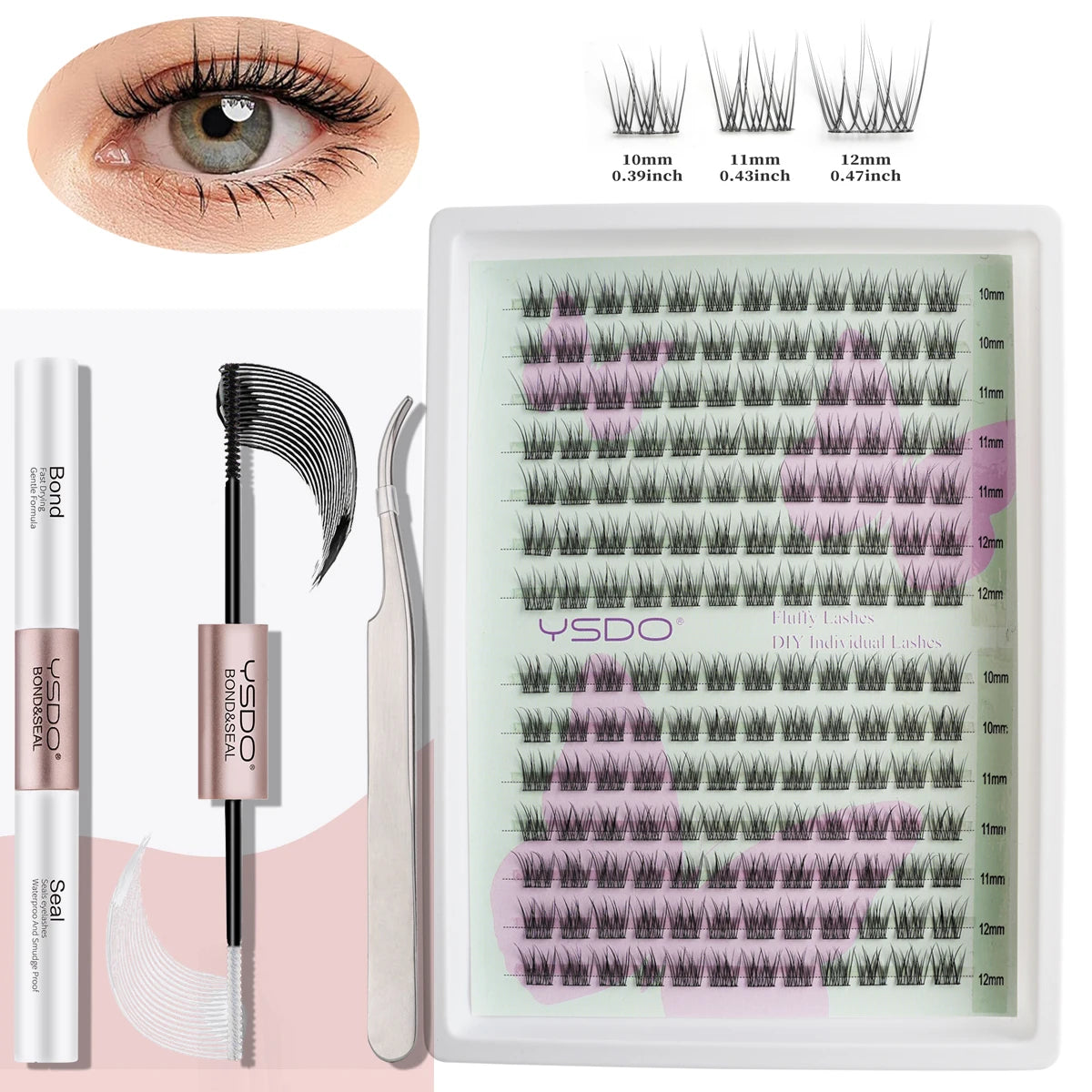 Lash Clusters Kit with Individual Lash Extension Adhesive, Sealant, Tweezers, and Multi-Type False Eyelashes Applicator for Professional Makeup Application