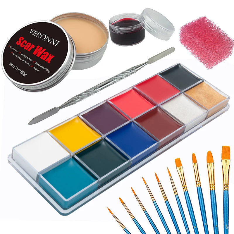 Professional SFX Makeup Kit - 12 Color Face and Body Paint, Oil-Based Special Effects for Halloween, Wound and Scar Wax, Fake Scab, Blood, and Spatula Included