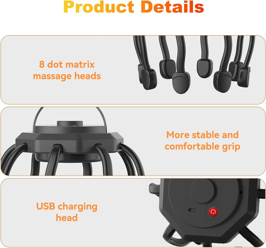 Electric Scalp Massager, Head Massager Scalp Stress Relax, Kneading Hair Massage with 3 Modes, 360 Degree Hair Massager, Cordless Portable Head Scratcher for Stress Relax