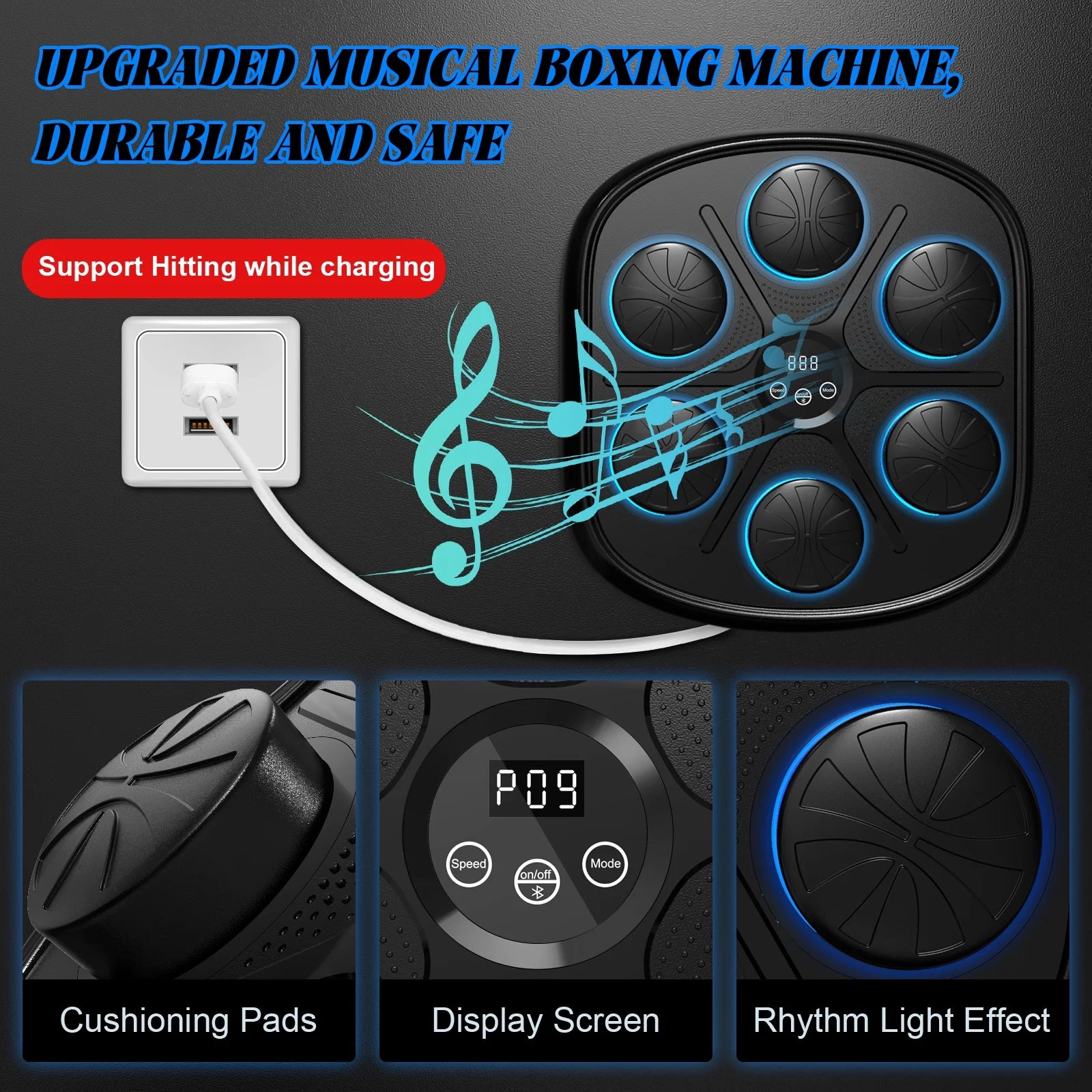 Advanced Adult Smart Music Boxing Machine with Display, Wall-Mounted Fitness Equipment and Boxing Gloves for Home and Gym (Black)