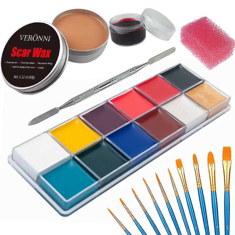 Professional SFX Makeup Kit - 12 Color Face and Body Paint, Oil-Based Special Effects for Halloween, Wound and Scar Wax, Fake Scab, Blood, and Spatula Included