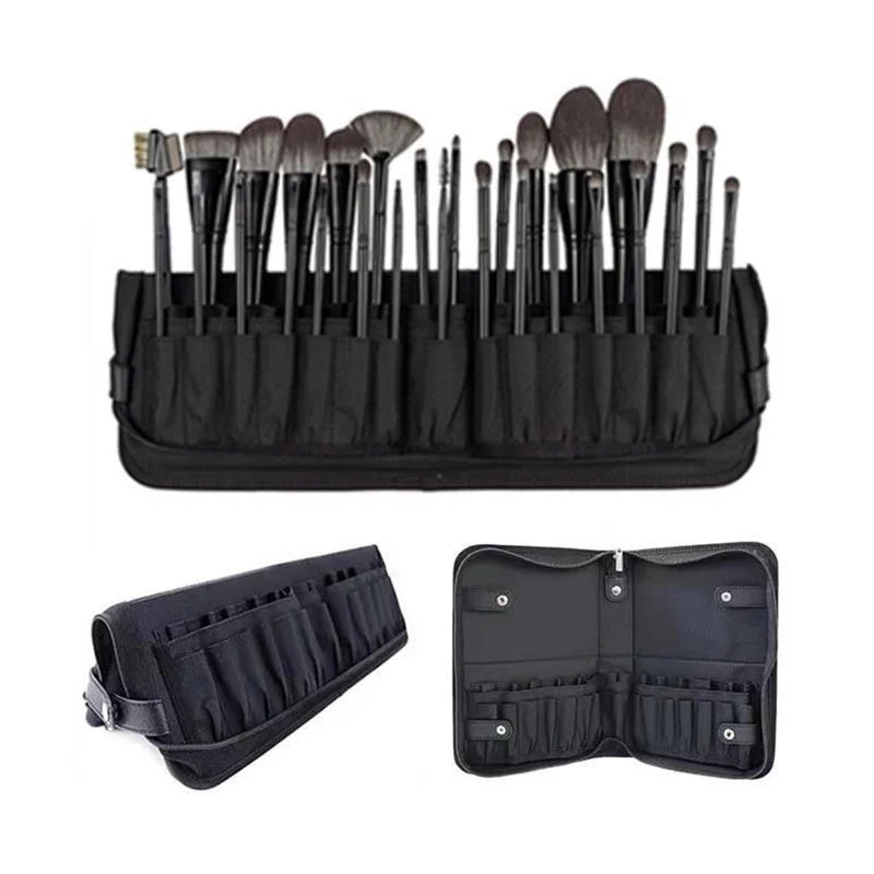 29-Hole Foldable Makeup Brush Organizer - Waterproof Nylon Cosmetic Storage Bag for Women
