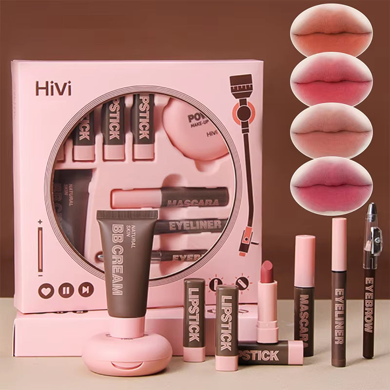 Women's Christmas Makeup Collection: 9 Lipsticks, Pressed Powder, BB Cream, Eyebrow Pencil, Mascara, and Eyeliner Set for Women and Girls