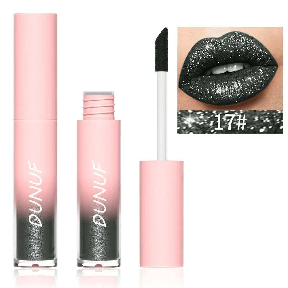 18-Color Metallic Waterproof Lip Gloss Set with Long-Lasting Matte and Shimmer Finishes for Women