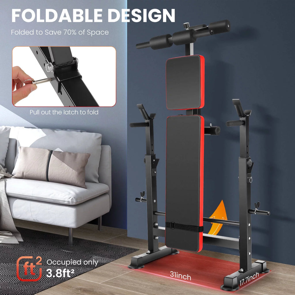 Adjustable 6-in-1 Weight Bench with Barbell Rack and Removable Foot Bracket, Featuring Resistance Bands for Home Gym Workouts