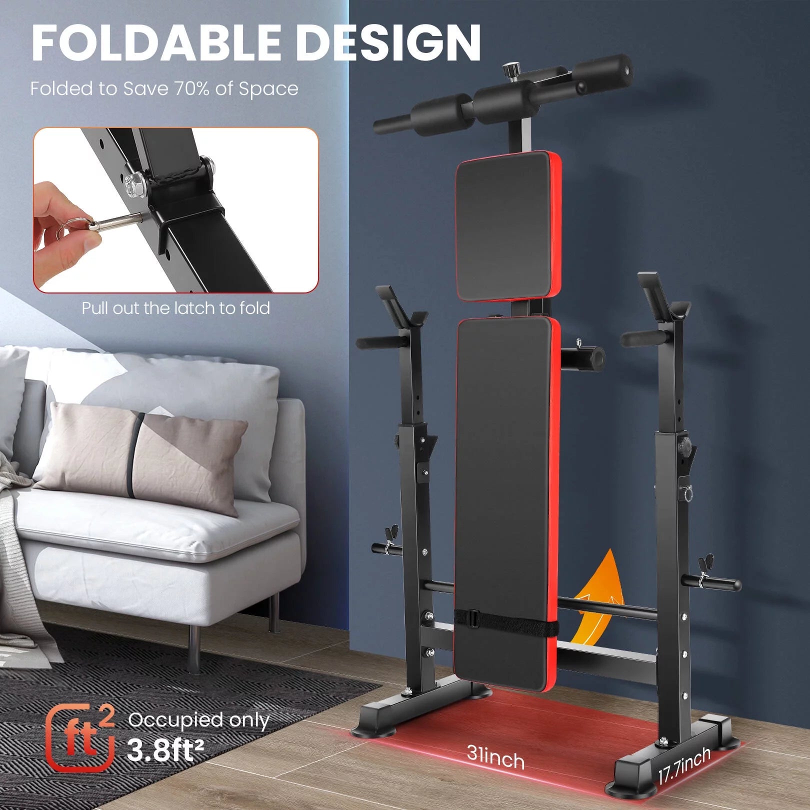 Adjustable 6-in-1 Weight Bench with Barbell Rack and Removable Foot Bracket, Featuring Resistance Bands for Home Gym Workouts