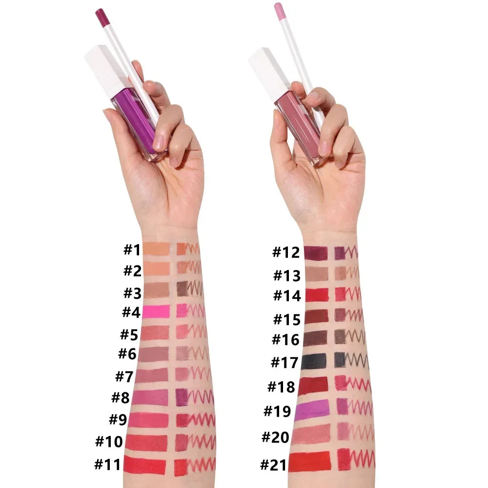 Vegan Lip Gloss and Lip Liner Kit - 21 Color Set for Private Label, Non-Sticky Matte Lipstick and Lipliner, Wholesale Makeup Solutions
