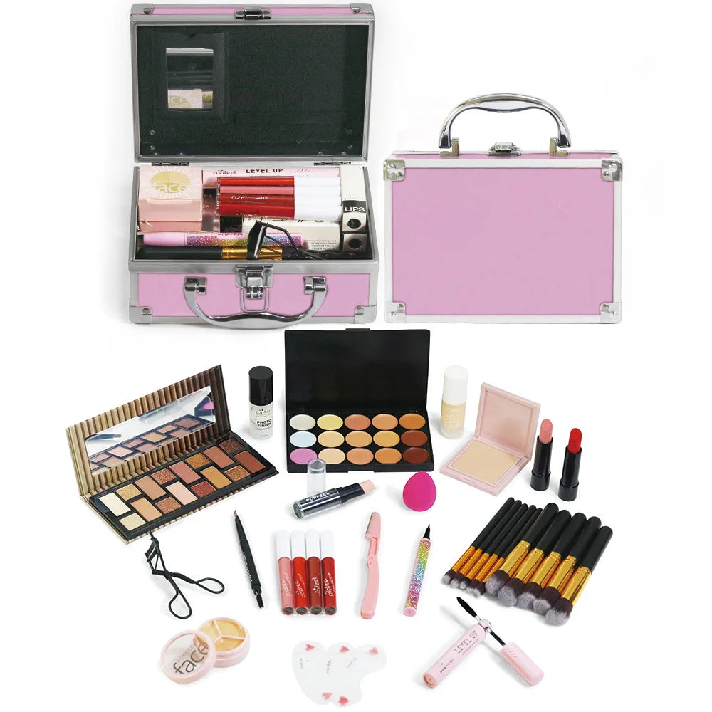 Professional Makeup Kit: Complete Set with Glitter Eyeshadow, Blush, Lipstick, and Foundation - Ideal Gift for Women