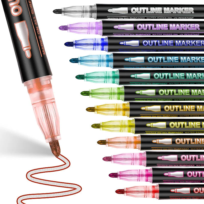 Double-Line Outline Pen Set - Available in 8 to 48 Colors, Fluorescent Metal Color Markers for DIY Projects and Creative Handbooks