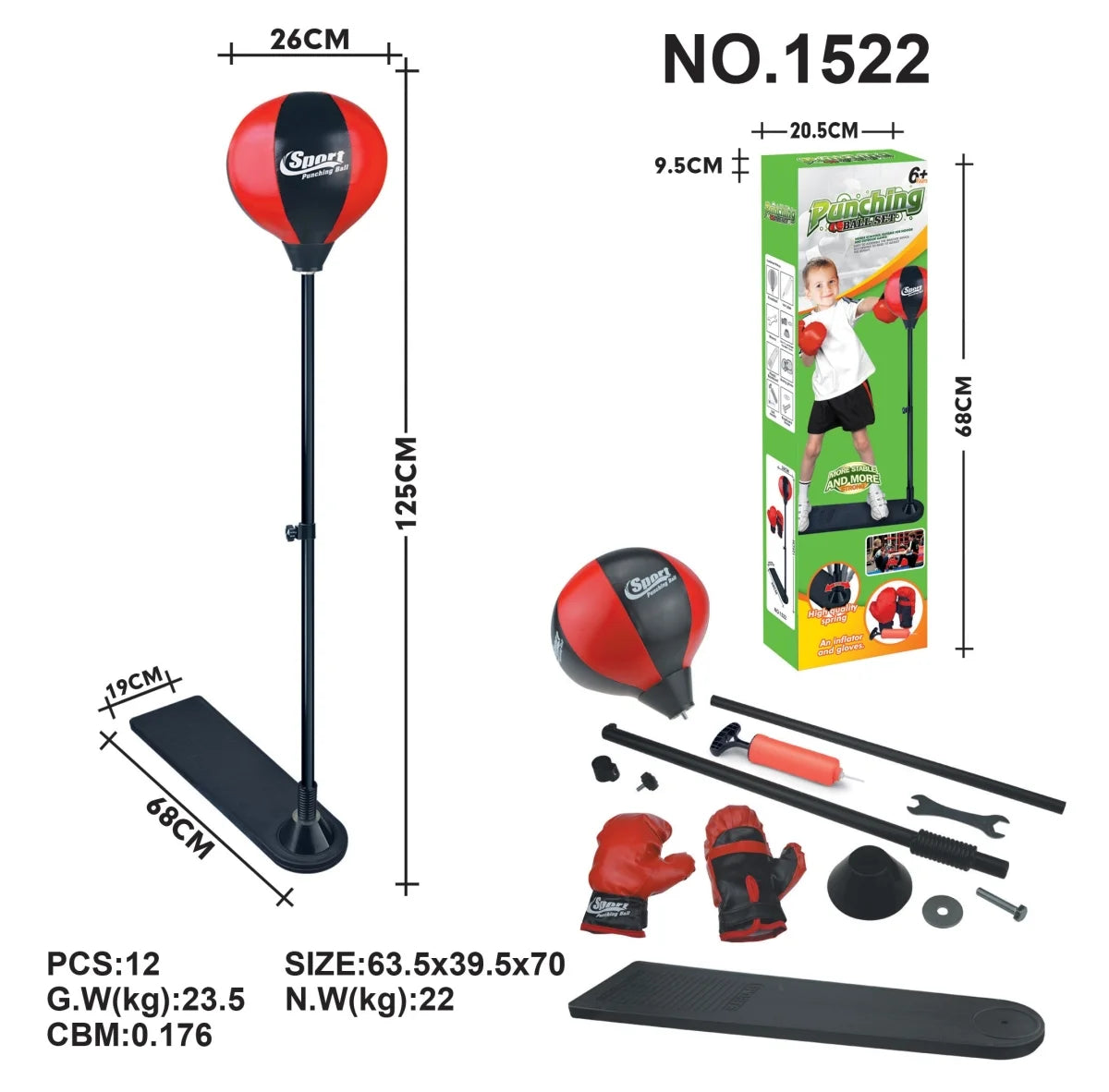 Playworld Red Boxing Punching Bag Set with Gloves, Pump, and Adjustable Stand
