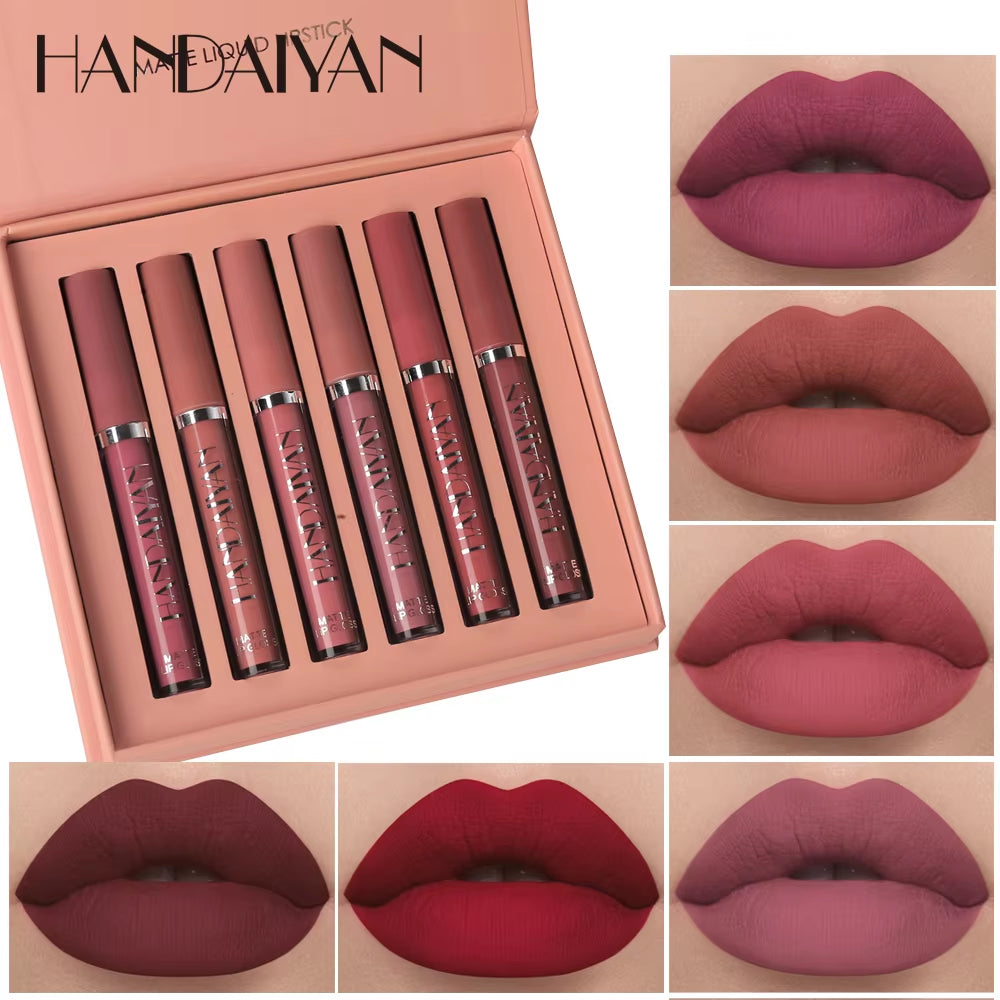 Set of 6 Long-Lasting Nonstick Liquid Lipsticks in Gift Box – Matte Finish Lip Gloss with Fade Resistance