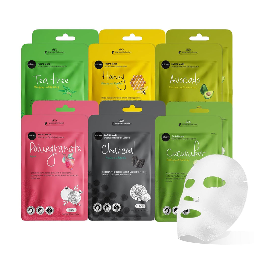 Essence Facial Sheet Mask Set - Korean Skin Care Moisturizing 12 Pack (Assorted - 2 of Each Variant)