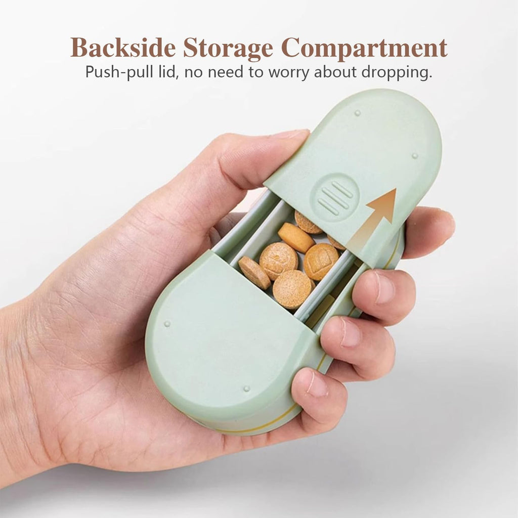 Pill Cutter Splitter for Small and Tiny Pills - Pill Cutter 1/4 - Accurately Cuts Multiple Pills - Easy Open Snap Button. Detachable Nonslip V-Shaped Pad. Wrap-Around Blade Guard. Back Storage (Cyan) | Sliding Back Storage, Pill Cutter 1/4, Accurately Cut