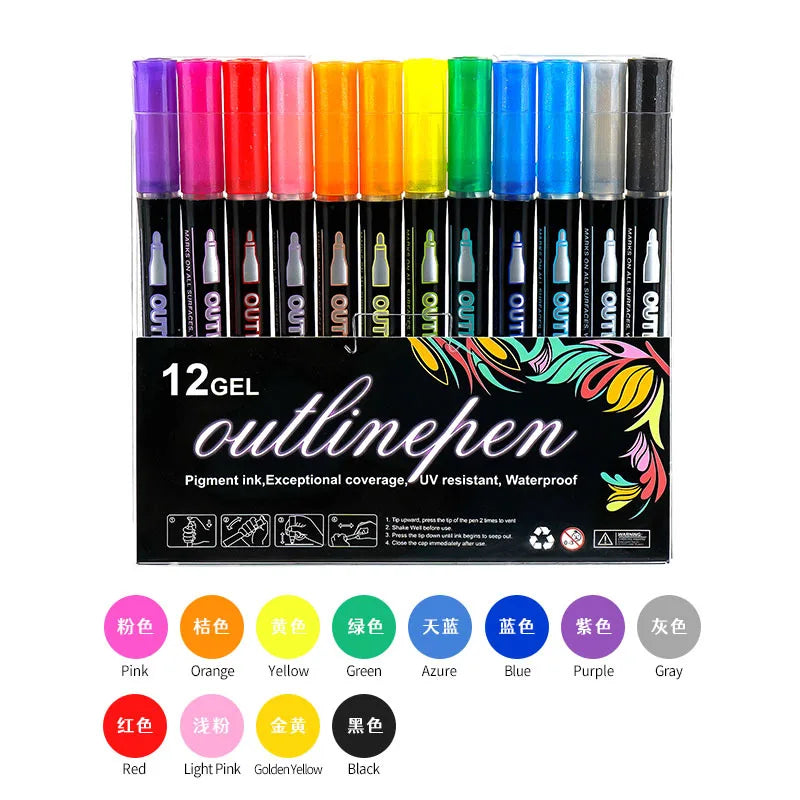 Double-Line Outline Pen Set - Available in 8 to 48 Colors, Fluorescent Metal Color Markers for DIY Projects and Creative Handbooks