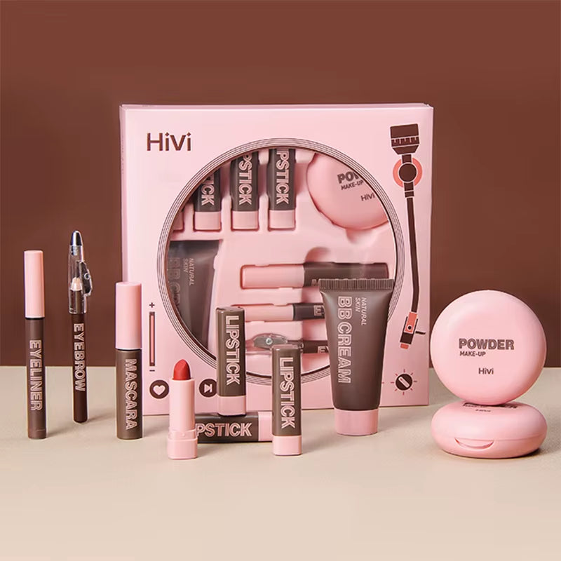 Women's Christmas Makeup Collection: 9 Lipsticks, Pressed Powder, BB Cream, Eyebrow Pencil, Mascara, and Eyeliner Set for Women and Girls