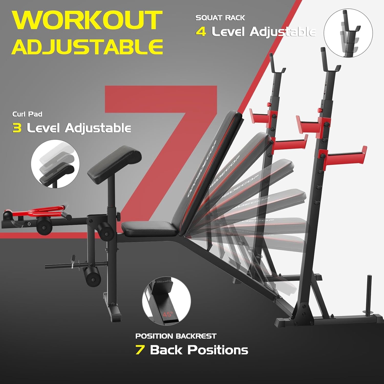900 lbs Weight Bench Set with Squat Rack, Preacher Curl Attachment, and Leg Extension for Complete Home Gym Training
