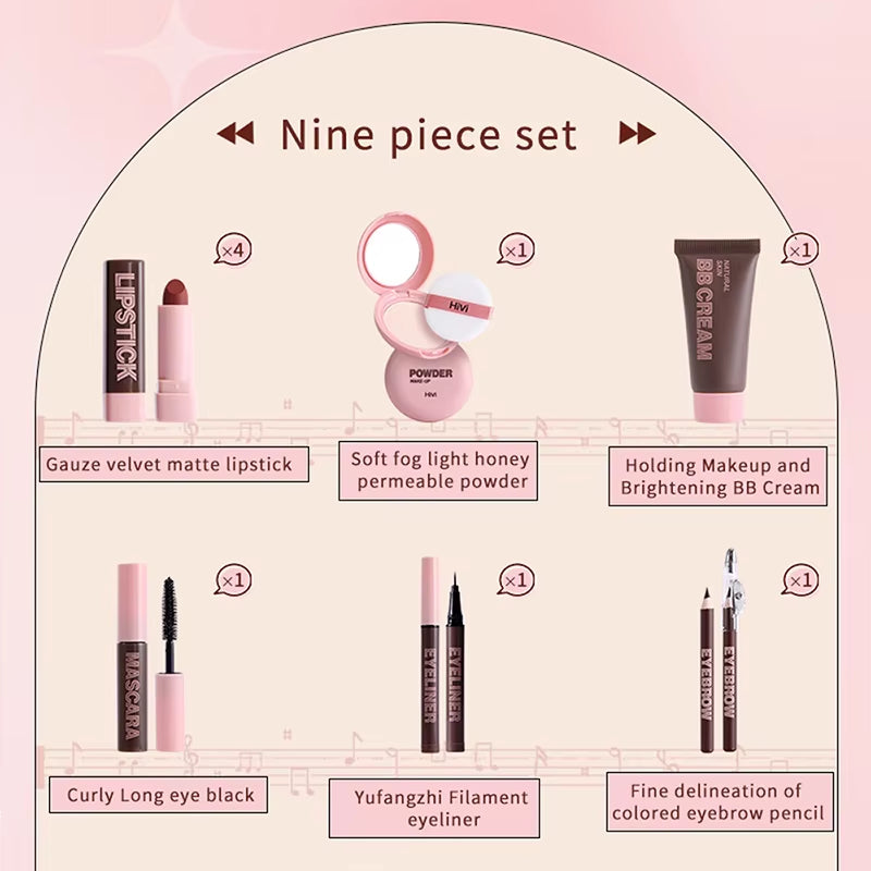 Women's Christmas Makeup Collection: 9 Lipsticks, Pressed Powder, BB Cream, Eyebrow Pencil, Mascara, and Eyeliner Set for Women and Girls