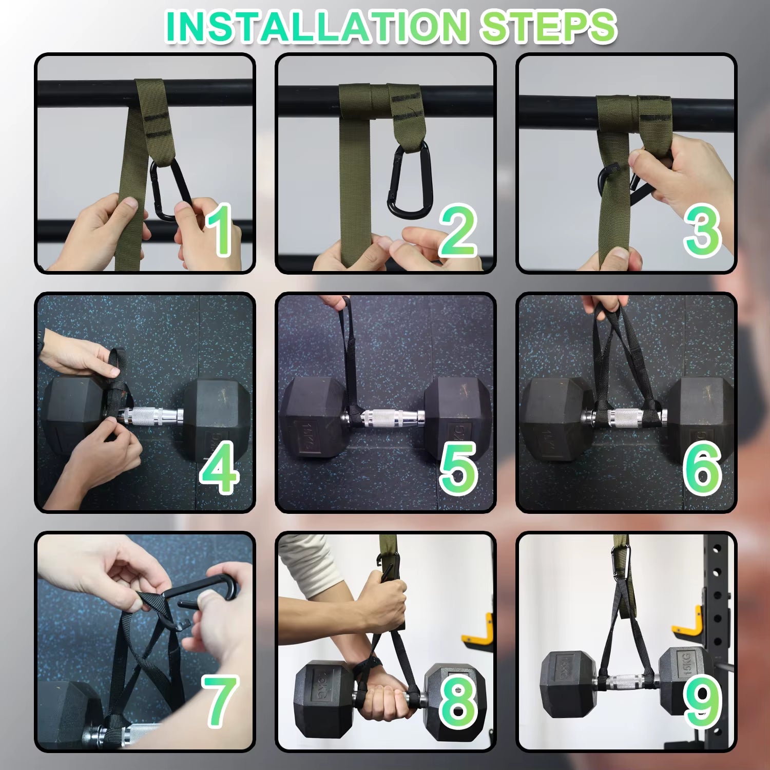 Adjustable Dumbbell Spotter Straps for Secure Barbell Rack Attachment and Chest Bench Press Safety