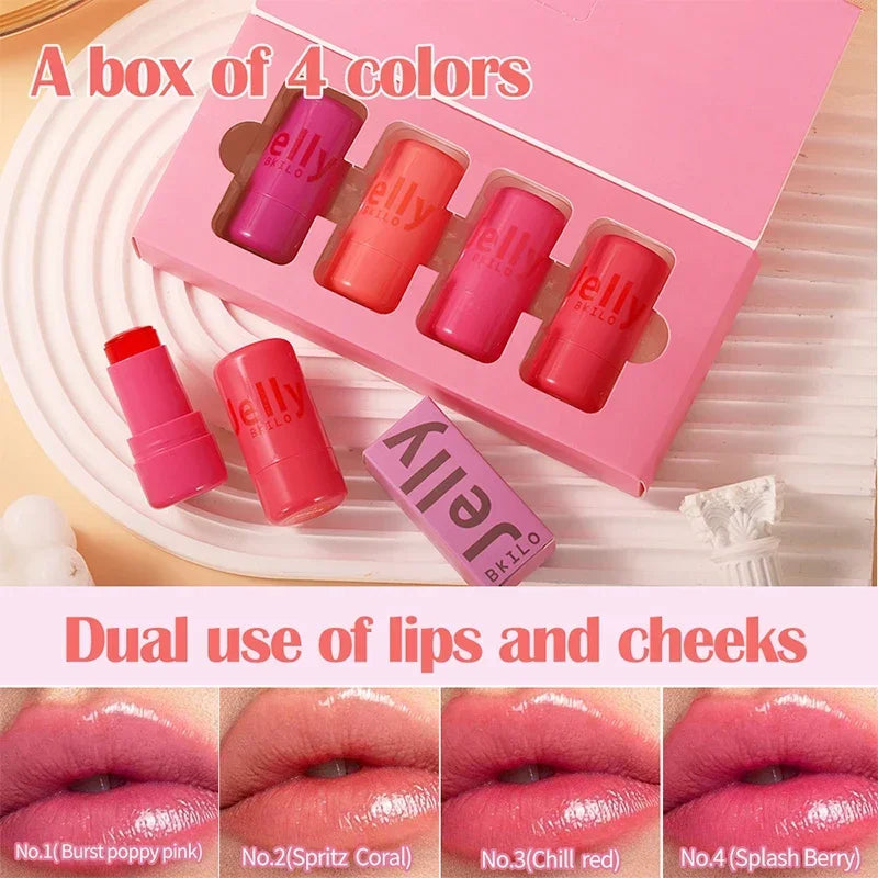 4-Piece Jelly Cheek Blush Tint Set - 3-in-1 Transparent Moisturizing Blusher, Facial Contour, and Lipstick for Long-Lasting Makeup