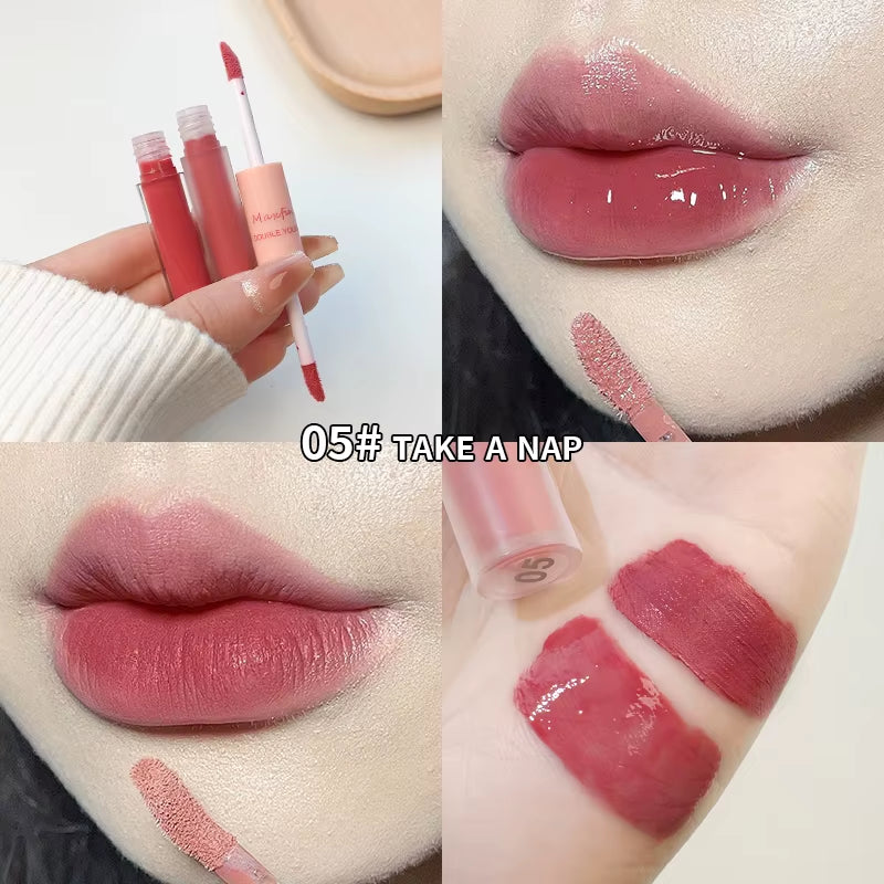 Double-Ended Lip Glaze: Full Gloss and Matte Velvet Finish for Long-Lasting Color and Hydration, Anti-Stain Cosmetic Lip Gloss