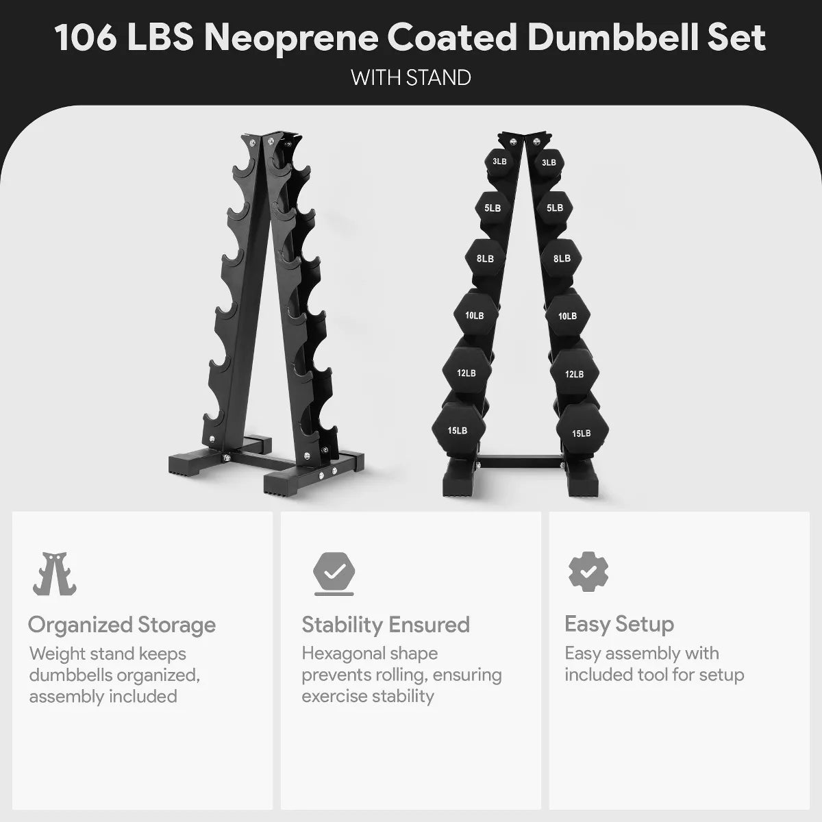 BalanceFrom 110-Pound Neoprene Coated Cast Iron Dumbbell Set with Stand, Includes 10 Pairs of Weights Ranging from 1 to 10 Pounds, Black