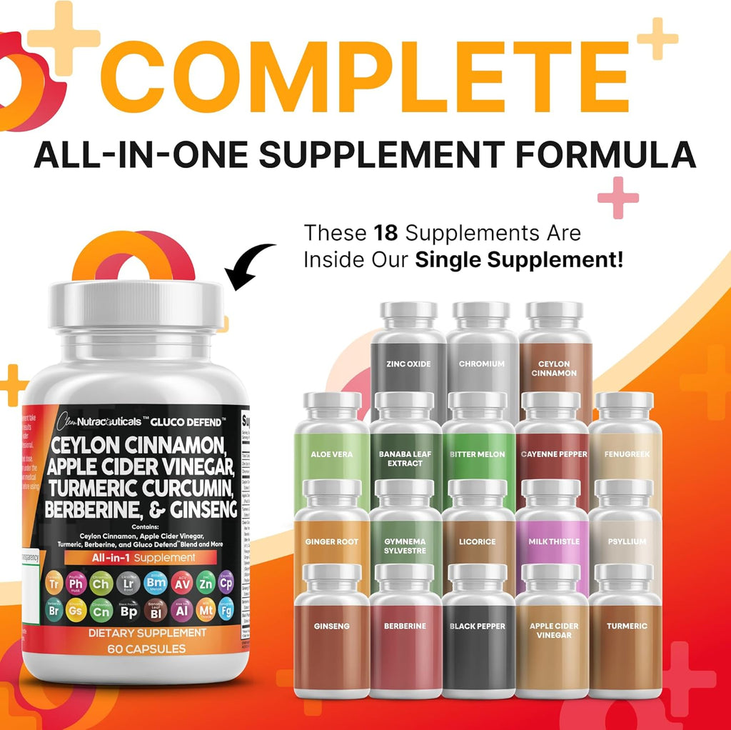 Ceylon Cinnamon Capsules + Berberine Turmeric Apple Cider Vinegar Ginseng Bitter Melon Gymnema Milk Thistle Fenugreek Supplement (60 Count (Pack of 2))