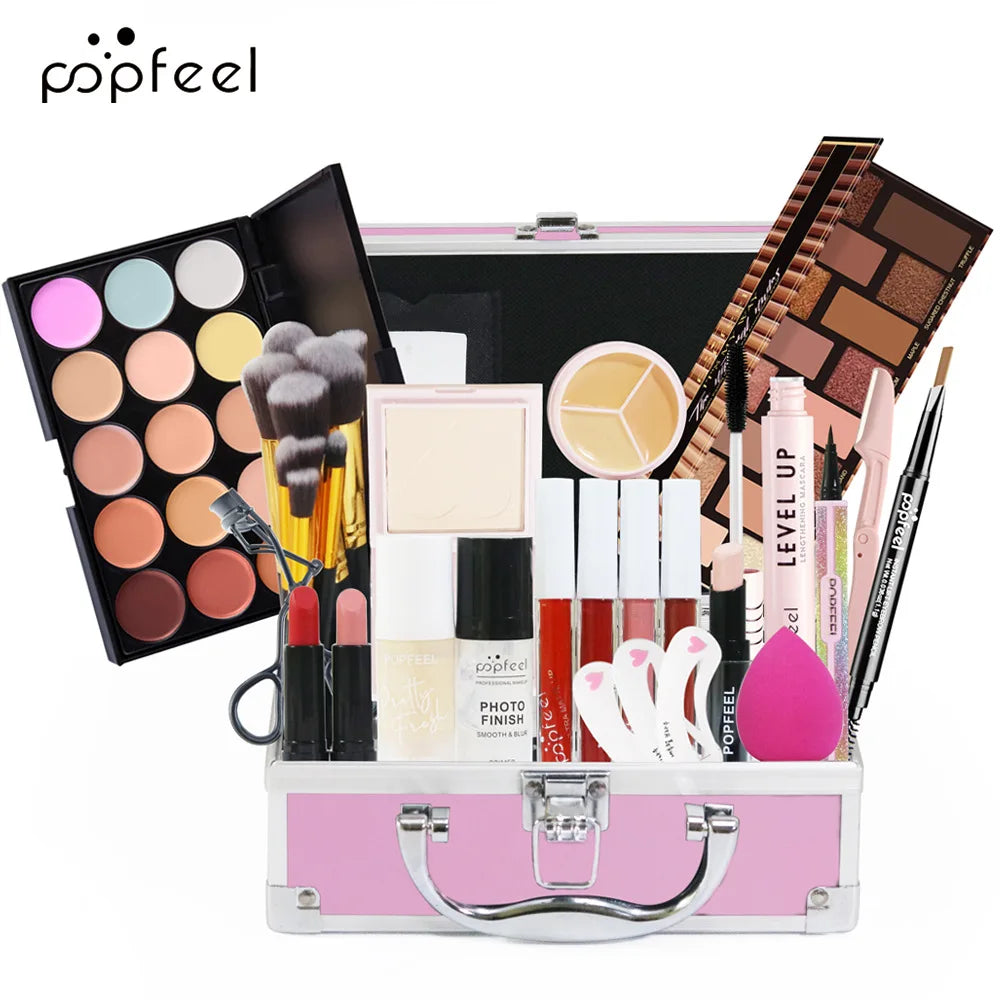 Professional Makeup Kit: Complete Set with Glitter Eyeshadow, Blush, Lipstick, and Foundation - Ideal Gift for Women