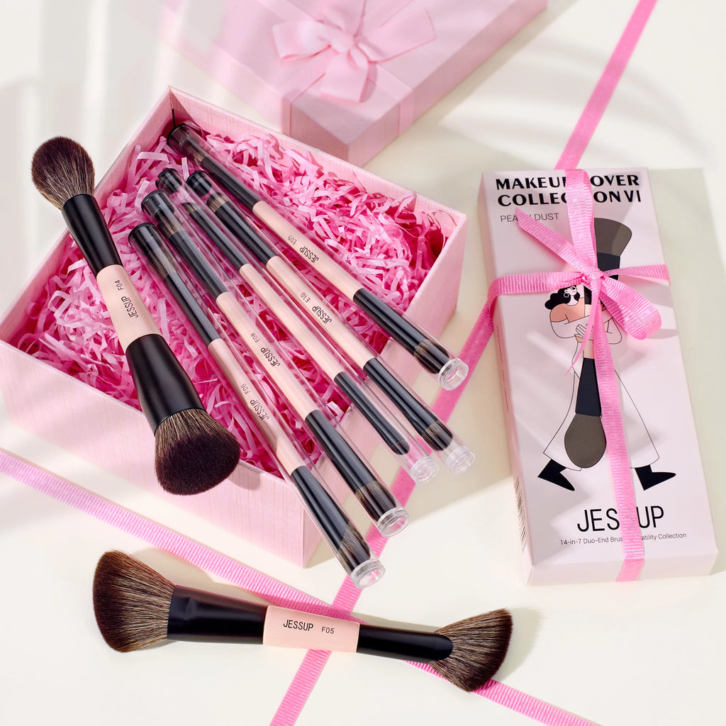 Double-Sided Makeup Brush Set - 3/5/7 Pieces for Foundation, Eyeshadow, and Powder Blending - Cruelty-Free Peach Dust T600
