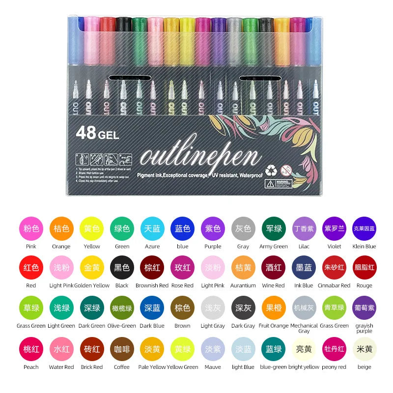 Double-Line Outline Pen Set - Available in 8 to 48 Colors, Fluorescent Metal Color Markers for DIY Projects and Creative Handbooks