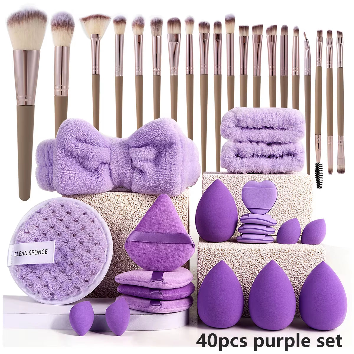 Professional Makeup Brush and Sponge Set with Brown Puff, Beauty Blender, Headband, and Wristband Remover Kit - Ideal Makeup Tools Gift, 20/40 Count
