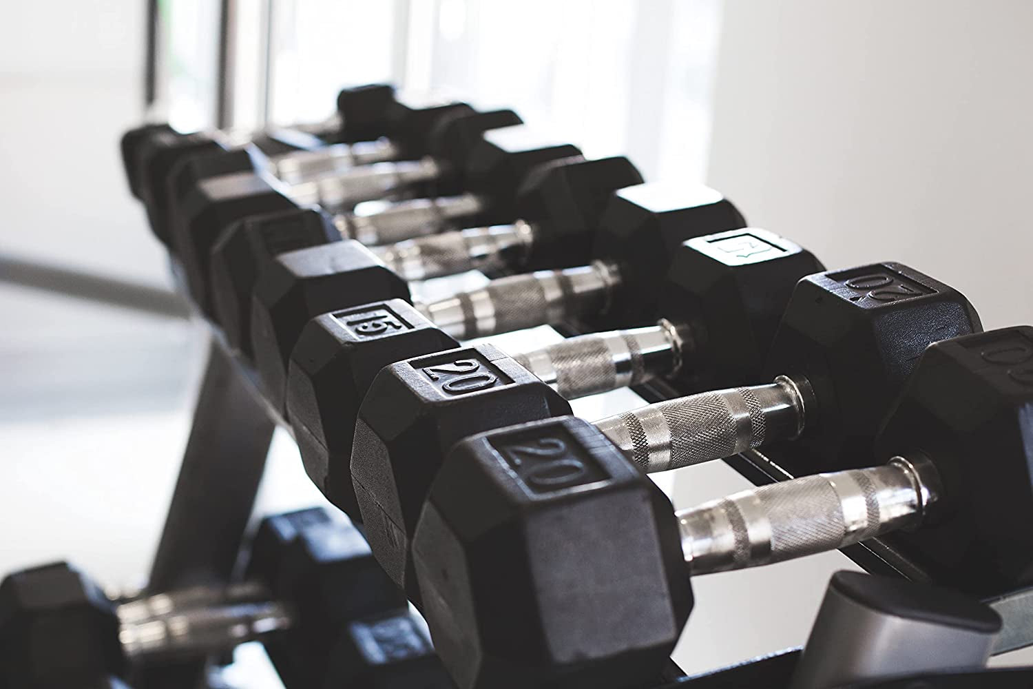 Pair of 35 lb Hexagonal Rubber Dumbbells with Metal Handles
