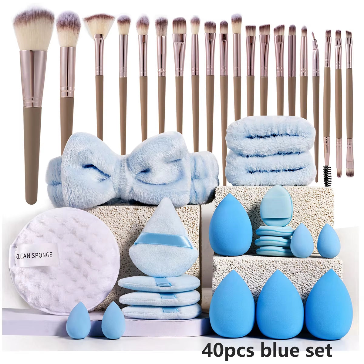Professional Makeup Brush and Sponge Set with Brown Puff, Beauty Blender, Headband, and Wristband Remover Kit - Ideal Makeup Tools Gift, 20/40 Count
