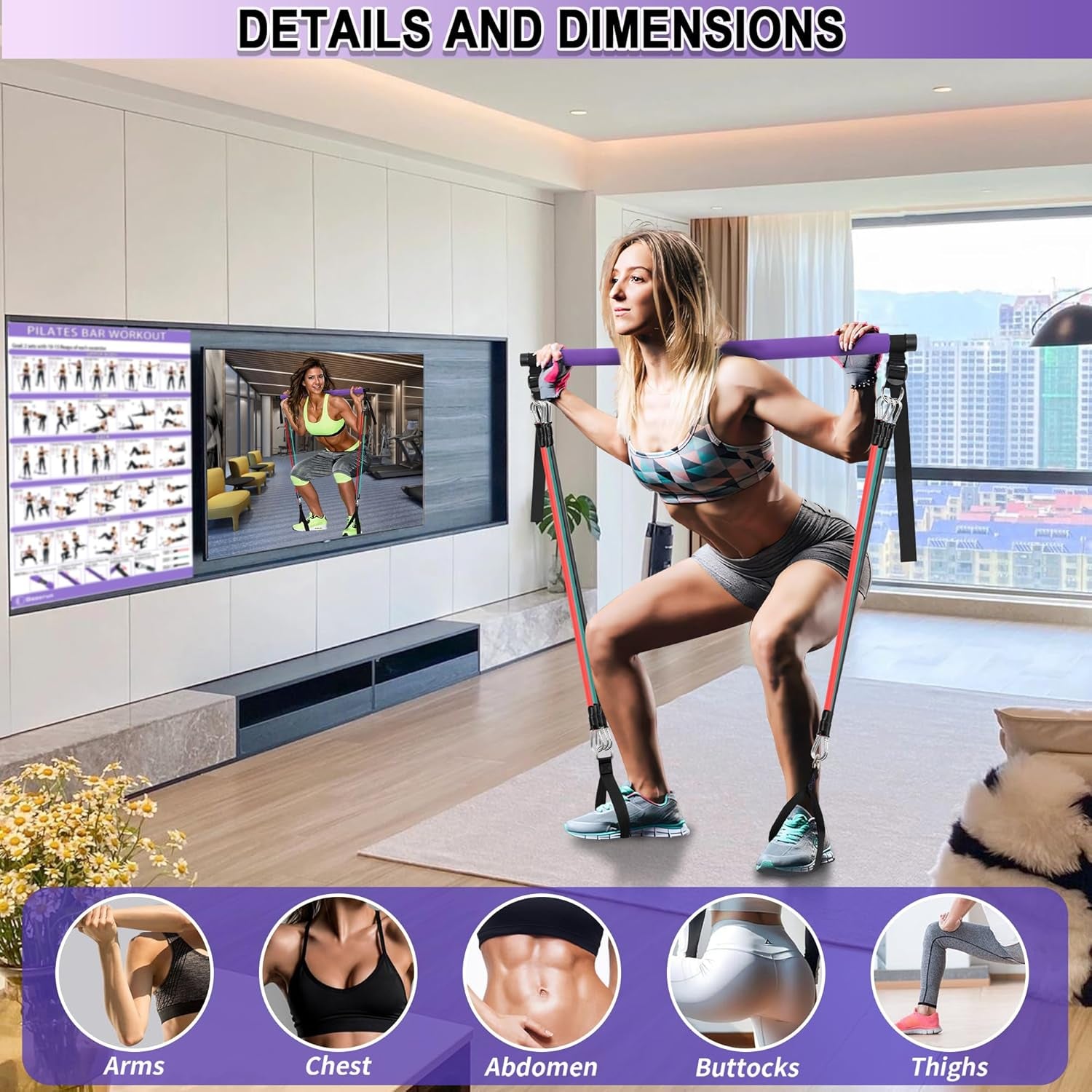 Portable Pilates Bar Kit with Resistance Bands - Complete Home Gym System for Full-Body Workouts - Includes Fitness Poster and Instructional Video