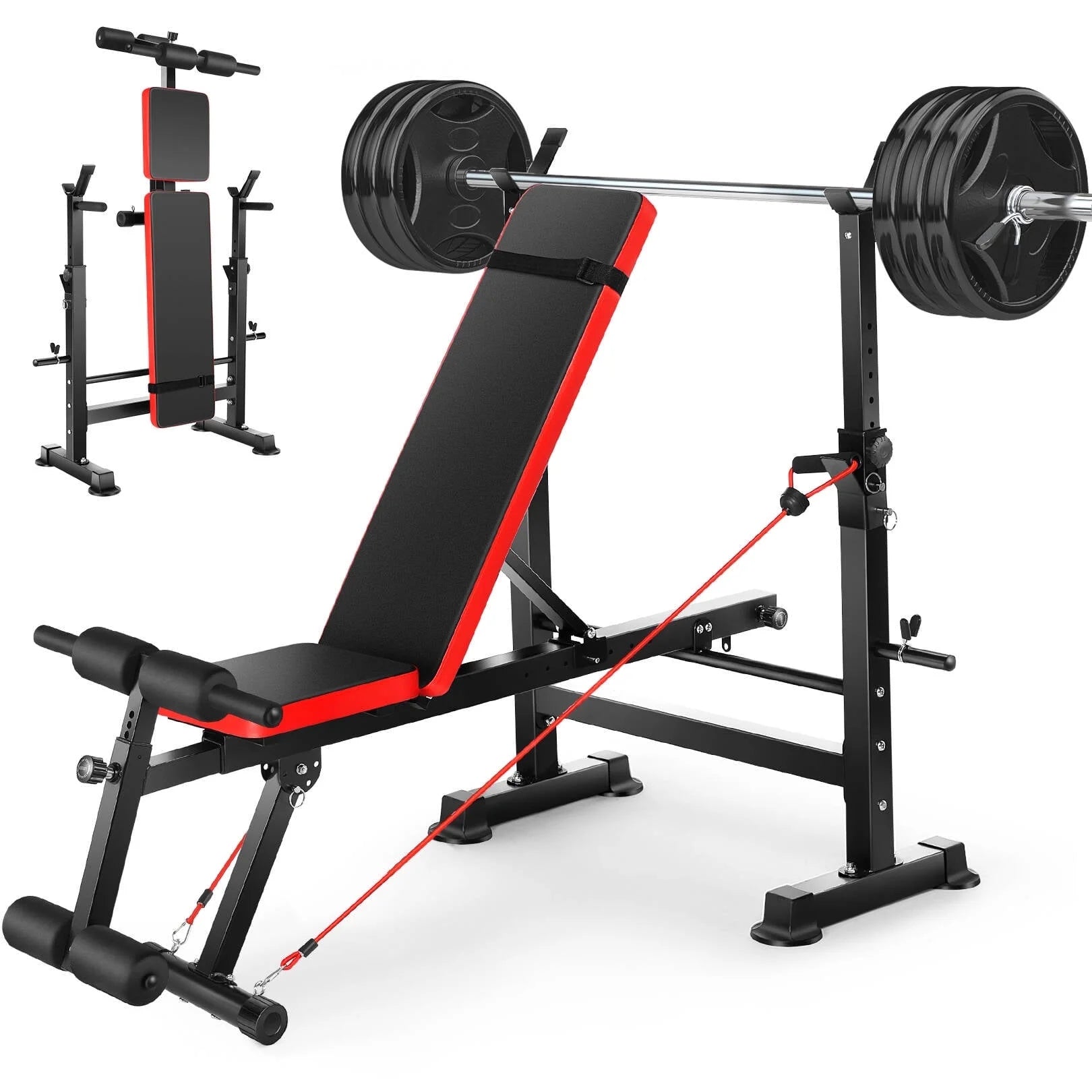 Adjustable 6-in-1 Weight Bench with Barbell Rack and Removable Foot Bracket, Featuring Resistance Bands for Home Gym Workouts