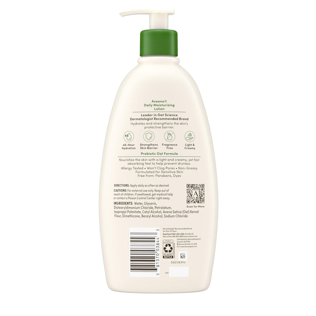 Aveeno Daily Moisturizing Body Lotion for Normal to Dry Skin, Moisturizer with Soothing Prebiotic Oat, Non Greasy, Non Comedogenic, Fragrance Free Body Lotion for Women & Men, 18 Fl Oz