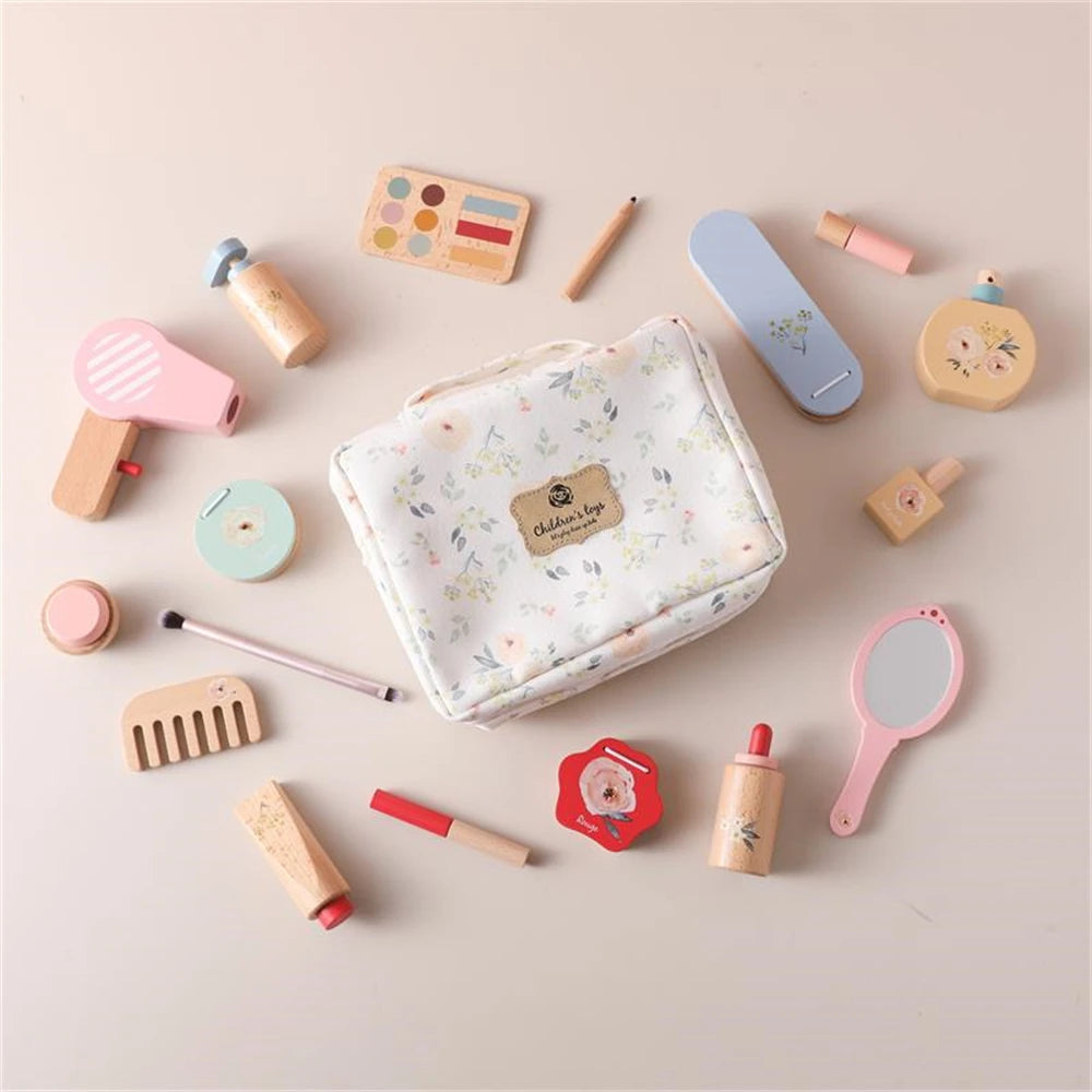 Wooden Pretend Play Makeup Set for Children - Simulation Cosmetics and Hairdressing Toys for Preschoolers