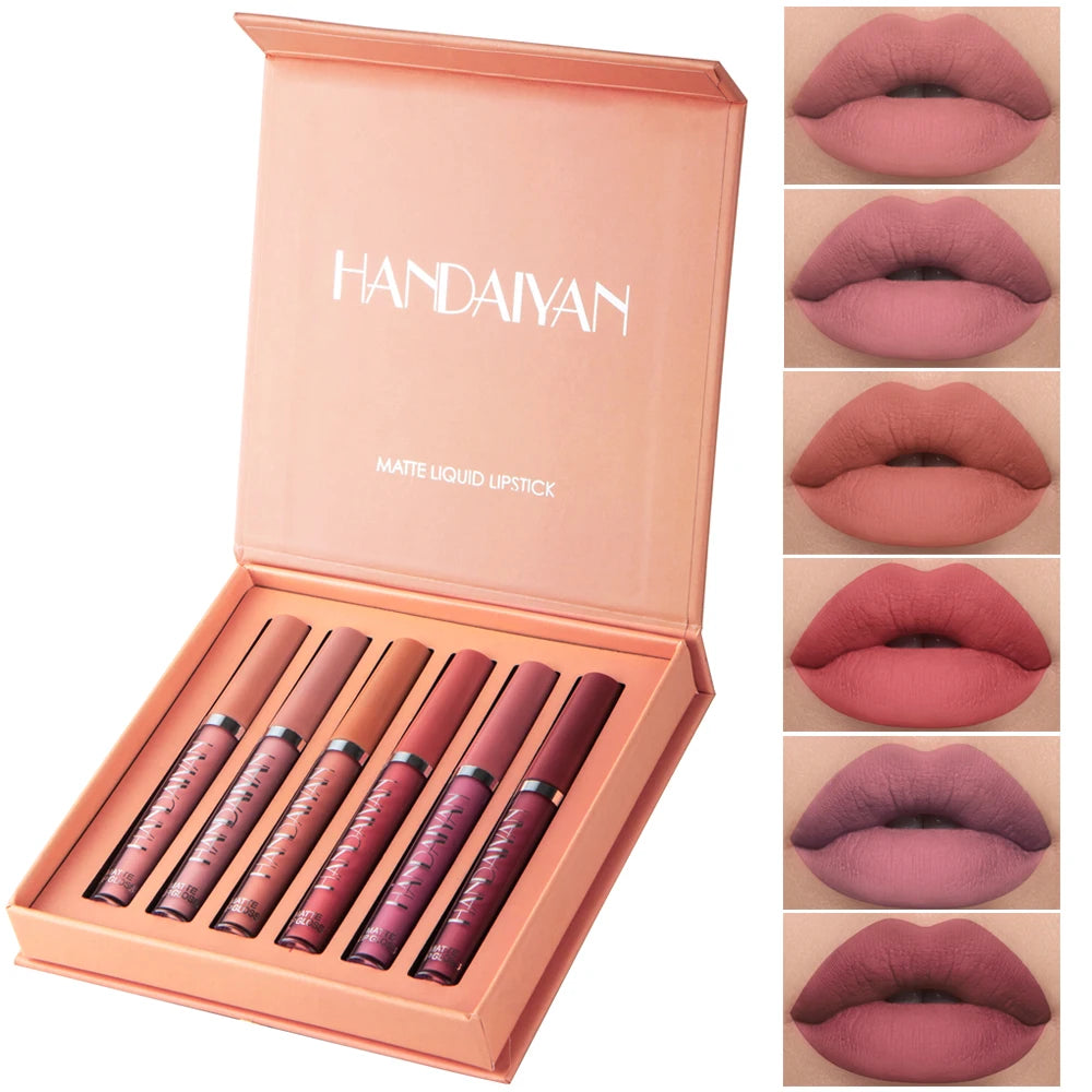 Set of 6 Long-Lasting Nonstick Liquid Lipsticks in Gift Box – Matte Finish Lip Gloss with Fade Resistance