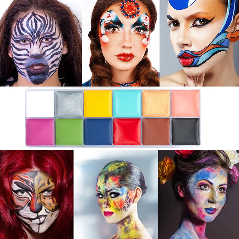 Professional SFX Makeup Kit - 12 Color Face and Body Paint, Oil-Based Special Effects for Halloween, Wound and Scar Wax, Fake Scab, Blood, and Spatula Included
